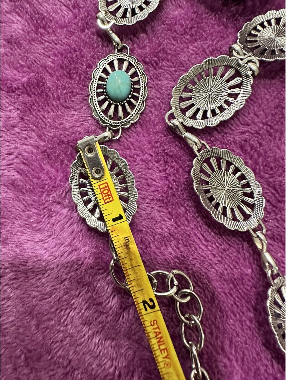 Silver Turquoise Chain Belt Geometric Stone Accents Adjustable Bohemian Western - Picture 4 of 4
